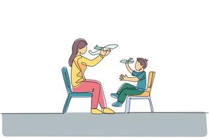 un disegno a tratteggio continuo della giovane madre e sua figlia seduti su una sedia e che giocano insieme a un aeroplano a casa. concetto di genitorialità familiare felice. illustrazione vettoriale di disegno a linea singola