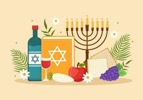 contento Pasqua ebraica illustrazione con vino, matzah e Pesach ebraico vacanza per ragnatela bandiera o atterraggio pagina nel piatto cartone animato mano disegnato modelli vettore