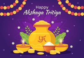 akshaya tritiya Festival illustrazione con un' d'oro kalash, pentola e oro monete per dhanteras celebrazione nel mano disegnato per atterraggio pagina modelli vettore
