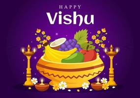 contento vishu Festival illustrazione con tradizionale kerala Kani, frutta e verdure per atterraggio pagina nel piatto cartone animato mano disegnato modelli vettore