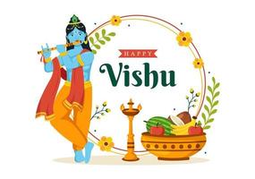 contento vishu Festival illustrazione con tradizionale kerala Kani, frutta e verdure per atterraggio pagina nel piatto cartone animato mano disegnato modelli vettore