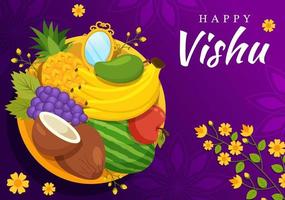 contento vishu Festival illustrazione con tradizionale kerala Kani, frutta e verdure per atterraggio pagina nel piatto cartone animato mano disegnato modelli vettore