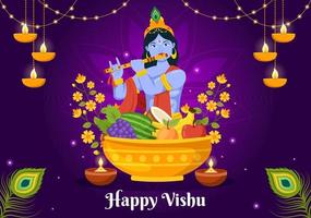 contento vishu Festival illustrazione con tradizionale kerala Kani, frutta e verdure per atterraggio pagina nel piatto cartone animato mano disegnato modelli vettore