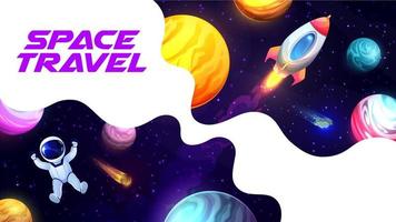 spazio viaggio manifesto con cartone animato astronauta, pianeta vettore