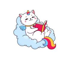 cartone animato carino caticorn personaggio lettura un' libro vettore