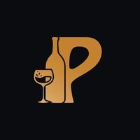 lettera p logo con vino bottiglia design vettore illustrazione su nero sfondo. vino bicchiere lettera p logo design