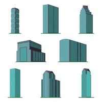 impostato di otto moderno grattacielo edificio su un' bianca sfondo. Visualizza di il edificio a partire dal il parte inferiore. isometrico vettore illustrazione.