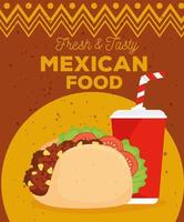 poster di cibo messicano con taco e bevanda vettore