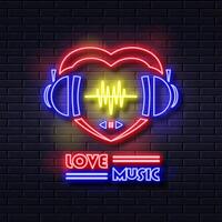 amore musica. raggiante neon leggero icona. romantico musica con colorato neon luci isolato su mattone parete sfondo. vettore illustrazione