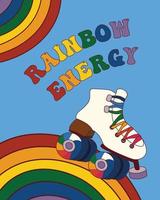 vettore illustrazione nel Groovy retrò psichedelico stile con arcobaleno, Vintage ▾ rullo pattinare scarpa e testo arcobaleno energia