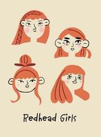 romantico ragazze con rosso capelli. romantico ragazze manifesto. ragazze scarabocchio manifesti. . vettore illustrazione