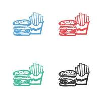 hamburger, francese patatine fritte icona, Hamburger e francese patatine fritte, hamburger e patatine fritte icone veloce cibo vettore icone nel multiplo colori