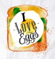 prima colazione dipinto acquerello crostini con strapazzate uova e insalata con lettering io amore uova vettore
