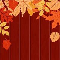 carta stagione autunnale con con fondo in legno e foglie rosse e gialle vettore