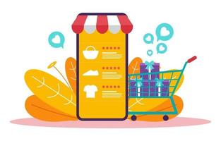 shopping online su smartphone con carrello vettore
