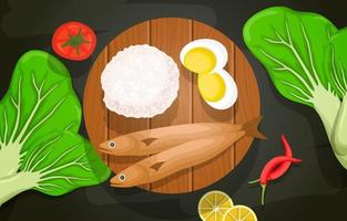 pesce, riso, uova e verdure su tavola di legno vettore