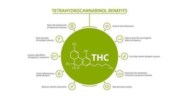 poster informativo bianco dei benefici del tetraidrocannabinolo con benefici con icone e formula chimica del tetraidrocannabinolo vettore