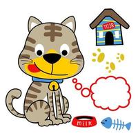carino gattino con latte ciotola, pesce osso e gatto gabbia, vettore cartone animato illustrazione