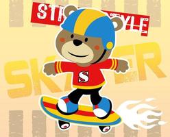 divertente orso giocando skateboard su tipografia sfondo, vettore cartone animato illustrazione