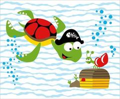 carino tartaruga e eremita Granchio con Tesoro il petto sottomarino, vettore cartone animato illustrazione