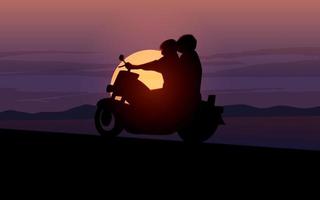 illustrazione vettoriale di uomini in sella a una moto al tramonto