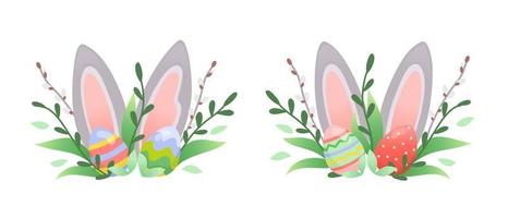 impostato di Pasqua composizione con coniglietto orecchie, Pasqua uova, salice e le foglie. vettore illustrazione