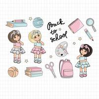 scuola formazione scolastica forniture cartone animato ragazza vettore illustrazione impostato