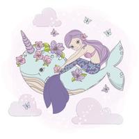 cielo sirena mare Principessa balena cartone animato vettore illustrazione impostato