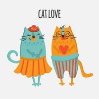Due gatti mano disegnato piatto design cartone animato vettore illustrazione