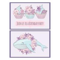 balena saluto carte per compleanno festa vettore illustrazione impostato