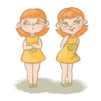 Due ragazze personaggi cartone animato mano disegnato vettore illustrazione impostato