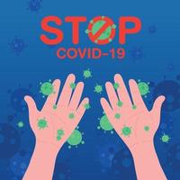 coronavirus diffuso a portata di mano in stile piatto. concetto di lavaggio delle mani. coronavirus o covid-19 focolaio e concetto di attacco pandemico. vettore