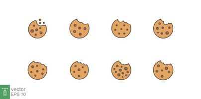 impostato di biscotti con cioccolato patatine Bitten icona. semplice cartone animato piatto stile. biscotto briciole, del browser concetto. pieno schema simbolo. vettore illustrazione isolato su bianca sfondo. eps 10.