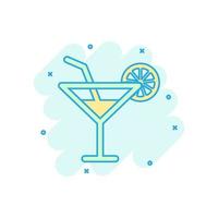 alcool cocktail icona nel comico stile. bevanda bicchiere vettore cartone animato illustrazione su bianca isolato sfondo. Martini liquido attività commerciale concetto spruzzo effetto.