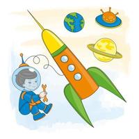 giovane astronauta bambini cartone animato vettore illustrazione impostato