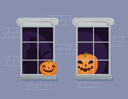 banner di halloween felice con zucche intagliate sulle finestre vettore