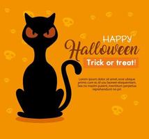 banner di halloween felice con gatto nero su sfondo arancione vettore