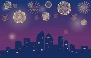 felice anno nuovo scena con fuochi d'artificio su uno skyline stilizzato della città vettore