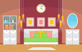 interno accogliente camera da letto con letto matrimoniale, lampade e mensole vettore