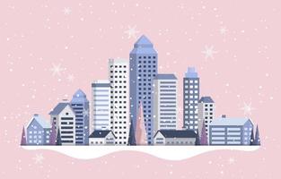 città nevosa nella stagione invernale con fiocchi di neve che cadono su edifici e case vettore