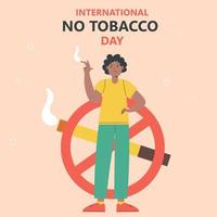 un africano americano uomo fuma e è non contento. disegnato a mano illustrazione per mondo no tabacco giorno. vettore