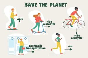 Infografica Salva nostro pianeta. rifiuto di personale trasporto, macchine. mondo Salute giorno. ecologia. vettore