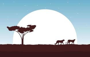 ghepardi nella savana africana con albero e illustrazione di grande sole vettore