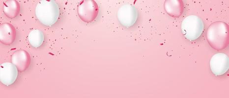 palloncini bianchi rosa, modello di progettazione di concetto di coriandoli vacanza felice giorno di San Valentino, illustrazione vettoriale di celebrazione di sfondo.