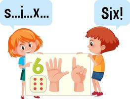 personaggio dei cartoni animati di due bambini che ortografano il numero sei vettore