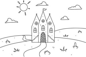 terra fuga con castello, il sole e nuvole nel mano disegnato scarabocchio stile. colorazione pagina. vettore