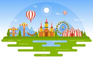 circo e parco divertimenti con illustrazione della ruota panoramica vettore