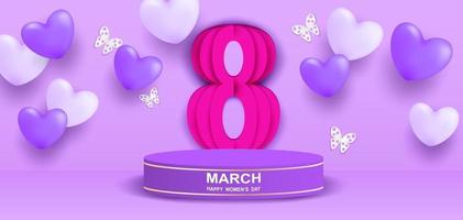 8 marzo. podio di visualizzazione del prodotto tema della giornata della donna felice. design con cuore e farfalle su sfondo viola. arte di carta. vettore. vettore