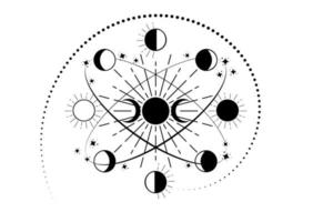Luna fasi nel orbitale cerchi, triplicare dea, mezzelune Luna, spirituale mandala, sacro geometria. wiccan ruota simbolo, vettore il giro logo nero tatuaggio isolato su bianca sfondo