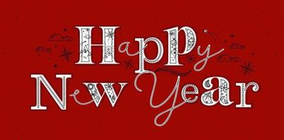 Natale manifesto lettering contento nuovo anno disegno nel grafico stile su rosso sfondo vettore